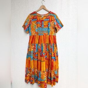 Vtg Amanda Stewart 100% Cotton Orange Floral Midi Sun Dress Women's Small